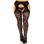 Стрип-колготки Leg Avenue Eyelet lace suspender hose, One Size, чорні, ажурні, з відкритим доступом - мініатюра 1