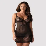 Сорочка Obsessive Alluria chemise & thong, L/XL, чорна, мереживо+мікросітка, стрінги в комплекті - мініатюра 1