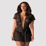 Пеньюар Obsessive Alluria peignoir & thong, S/M, прозорий, з мереживом, пояс, трусики в комплекті - мініатюра 1