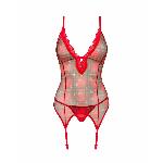 Корсет Obsessive Jollymore corset, M/L, у клітинку, з мереживом, пажі для панчіх, стрінги в комплекті - мініатюра 3