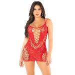 Еротична мінісукня Leg Avenue Lace and Net Mini Dress, Red, One Size, ажурна, відкрита спина - мініатюра 5
