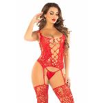 Комплект мереживний Leg Avenue Cami Garter One Size, Red, корсет із панчохами та стрінгами - мініатюра 2