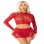 Блискучий комплект кроп-топ і спідниця Leg Avenue Rhinestone One Size, Red, довгий рукав - мініатюра 1