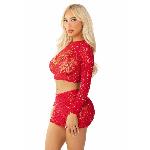 Блискучий комплект кроп-топ і спідниця Leg Avenue Rhinestone One Size, Red, довгий рукав - мініатюра 3