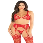 Комплект ліф, трусики, пояс із панчохами Leg Avenue One Size, Red - мініатюра 1