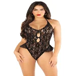 Боді з відкритою спиною та рюшами на стегнах Leg Avenue Lace Floral Lace Halter Teddy One Size, Black - мініатюра 1