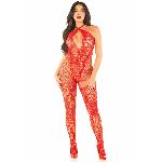 Бодістокінг з глибоким декольте Leg Avenue Seamless Net and Lace Lingerie Jumpsuit One Size, Red - мініатюра 2