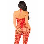 Бодістокінг з глибоким декольте Leg Avenue Seamless Net and Lace Lingerie Jumpsuit One Size, Red - мініатюра 3