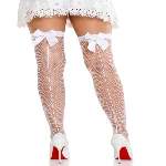 Панчохи-сітка зі швом ззаду Leg Avenue Bow back seam thigh highs One size White, атласний бант - мініатюра 1