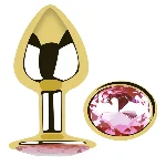 Анальная пробка EGZO Gold Round Plug Pink с розовым кристаллом, размер S - мініатюра 1