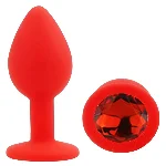 Анальная пробка EGZO Silicone Round Plug S, красная с зеленым кристаллом, медицинский силикон - мініатюра 2