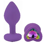 Анальная пробка EGZO Violet Heart Plug S, фиолетовая, зелёный кристалл, силиконовая - мініатюра 2