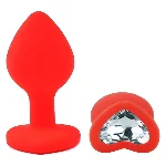Анальная пробка EGZO Red Heart Plug S с голубым кристаллом, красная силиконовая - мініатюра 2