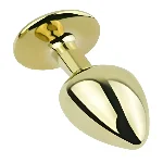 Анальная пробка EGZO Gold Round Plug S с зеленым кристаллом, гладкая металлическая основа - мініатюра 2