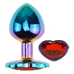 Анальная пробка EGZO Multicolor Heart Plug M с красным кристаллом, стальная, радужная - мініатюра 2