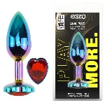 Анальная пробка EGZO Multicolor Heart Plug M с красным кристаллом, стальная, радужная - мініатюра 1