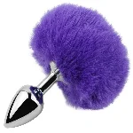 Анальная пробка EGZO Bunny Tail Plug S из медицинской нержавеющей стали с фиолетовым хвостиком - мініатюра 1