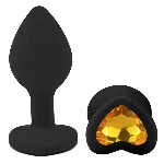Анальная пробка EGZO Silicone Black Heart Plug S, черный силиконовый плаг с желтым сердцем - мініатюра 2