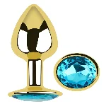Анальная пробка EGZO Gold Round Plug Aqua S с голубым кристаллом, золотистая - мініатюра 1