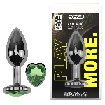 Анальная пробка EGZO Dark Silver Heart Plug Green S из стали с кристаллом - мініатюра 1