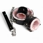 Комплект черные наручники + ошейник с поводком с розовым мехом с ЭКО лака Flirty - мініатюра 5