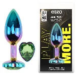 Анальная пробка EGZO Multicolor Heart Plug M с зеленым кристаллом, радужная - мініатюра 1