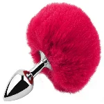 Анальная пробка EGZO Bunny Tail Silver Plug S с пушистым хвостиком, малиновая - мініатюра 1