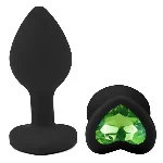 Анальная пробка EGZO Silicone Black Heart Plug S, черная силиконовая с зеленым кристаллом - мініатюра 2