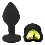 Анальная пробка EGZO Silicone Heart Plug S, черный силикон, лаймовый кристалл в форме сердца - мініатюра 2