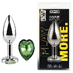 Анальная пробка EGZO Silver Heart Plug M из медицинской стали с зеленым кристаллом в форме сердца - мініатюра 1