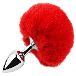Анальная пробка с хвостиком EGZO Bunny Tail Silver Plug Red, красная, размер S - мініатюра 1