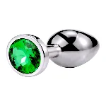 Металлическая анальная пробка Silver, green crystal, размер М - мініатюра 1