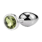Металлическая анальная пробка Silver, light green crystal размер М - мініатюра 1