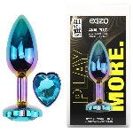 Анальная пробка EGZO Multicolor Heart Plug M с голубым кристаллом, металлическая - мініатюра 1