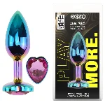 Анальная пробка EGZO Multicolor Heart Plug M с розовым кристаллом, радужная сталь - мініатюра 1