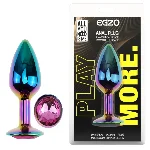 Анальная пробка EGZO Multicolor Round Plug S с розовым кристаллом, радужная металлическая - мініатюра 1