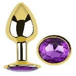 Анальная пробка EGZO Gold Round Plug Purple S, металлическая с фиолетовым кристаллом - мініатюра 1