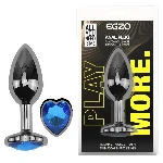 Анальная пробка EGZO Dark Silver Heart Plug S металлическая с синим кристаллом - мініатюра 1
