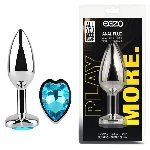 Анальная пробка EGZO Silver Heart Plug Aqua M из стали с синим кристаллом-сердцем - мініатюра 1