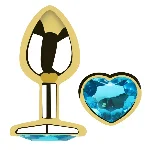 Анальная пробка Egzo Gold Heart Plug Aqua M с голубым кристаллом и широкой основой - мініатюра 1