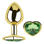 Анальная пробка Egzo Gold Heart Plug с зеленым кристаллом, золотая, размер M - мініатюра 1