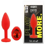 Анальная пробка EGZO Silicone Round Plug S, красная с зеленым кристаллом, медицинский силикон - мініатюра 1