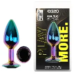 Анальная пробка EGZO Multicolor Round Plug Blue S с кристаллом, металлическая радужная - мініатюра 1