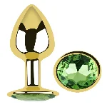 Анальная пробка EGZO Gold Round Plug S с зелёным кристаллом, металлическая для длительного ношения - мініатюра 1