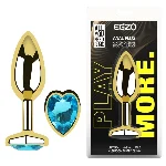 Анальная пробка Egzo Gold Heart Plug Aqua M с голубым кристаллом и широкой основой - мініатюра 5