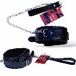 Мягкий черный ошейник "Love leash" с цепочкой-поводком и черным держателем  Экокожа-металл - мініатюра 3