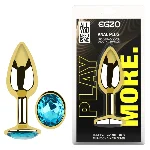 Анальная пробка EGZO Gold Round Plug Aqua S с голубым кристаллом, золотистая - мініатюра 5