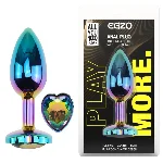 Анальная пробка EGZO Multicolor Heart Plug, радужный металлический плаг с кристаллом, размер M - мініатюра 1