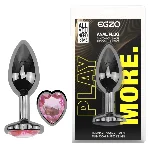 Анальная пробка EGZO Dark Silver Heart Plug S металлическая темно-серебристая с розовым сердцем - мініатюра 1