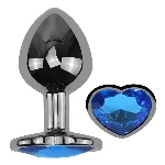 Анальная пробка EGZO Dark Silver Heart Plug S металлическая с синим кристаллом - мініатюра 2